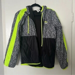 Victorias Secret PINK Anorak Zip Hoodie Black Composition Print/ Neon Lemon